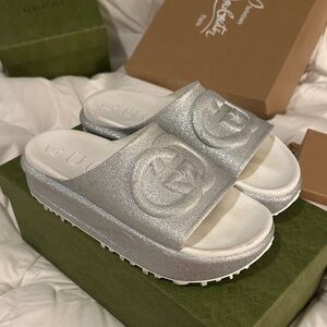 Gucci Silver Glitter Platform Slide Sandals